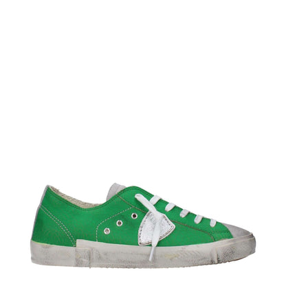 Philippe Model Green Leather Low Top Sneakers with vintage and aged effect, front logo, and distressing details.