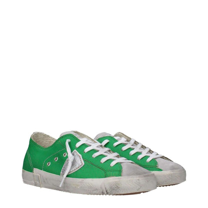 Philippe Model Green Leather Low Top Sneakers with vintage and distressed effects, featuring a front logo.