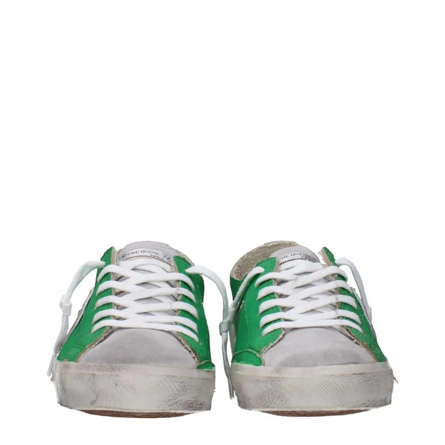 Philippe Model Green Leather Low Top Sneakers with front logo, vintage effect, distressed areas, and scratching effect.