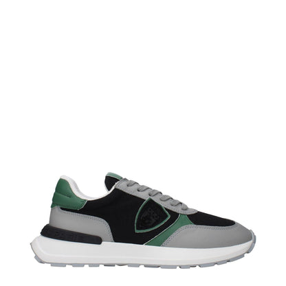 Philippe Model Black Fabric Athletic Sneakers with logos on front and back, side detail in black, green, and grey.