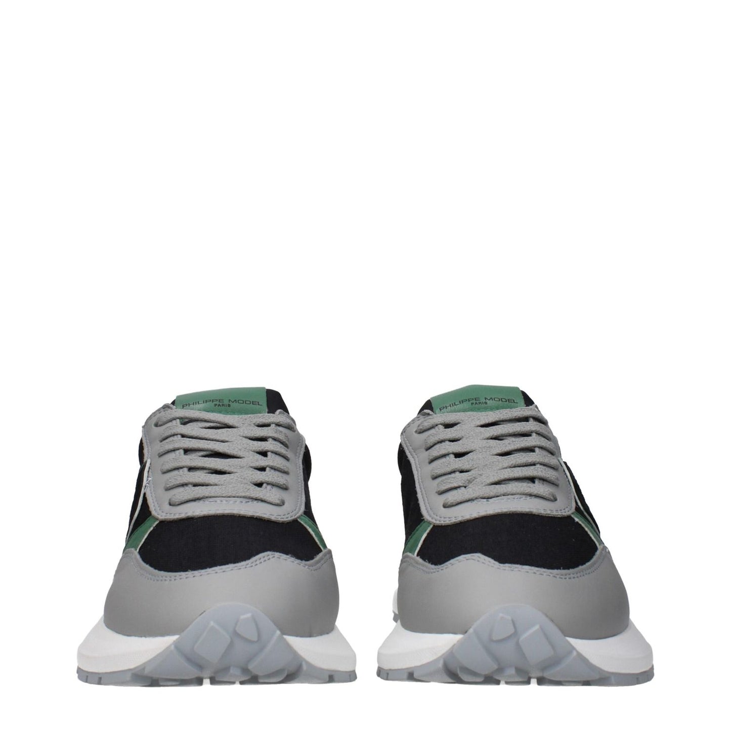 Philippe Model Black Fabric Athletic Sneakers with logos and side detail, featuring black fabric and grey accents.