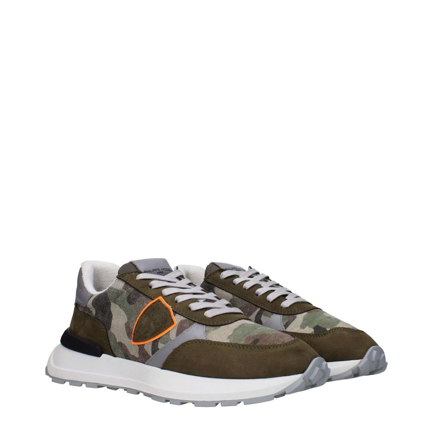 Philippe Model Green Fabric Athletic Sneakers with front and back logos, camouflage side detail, MPN ATLUZ0MIMETICOCAMOSCIOTB218.