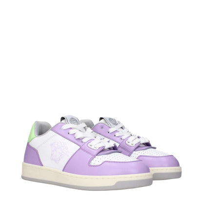 Versace White Leather Low Top Sneakers with lilac accents, featuring logos on the front, side, and back, showcasing a casual lace-up design.