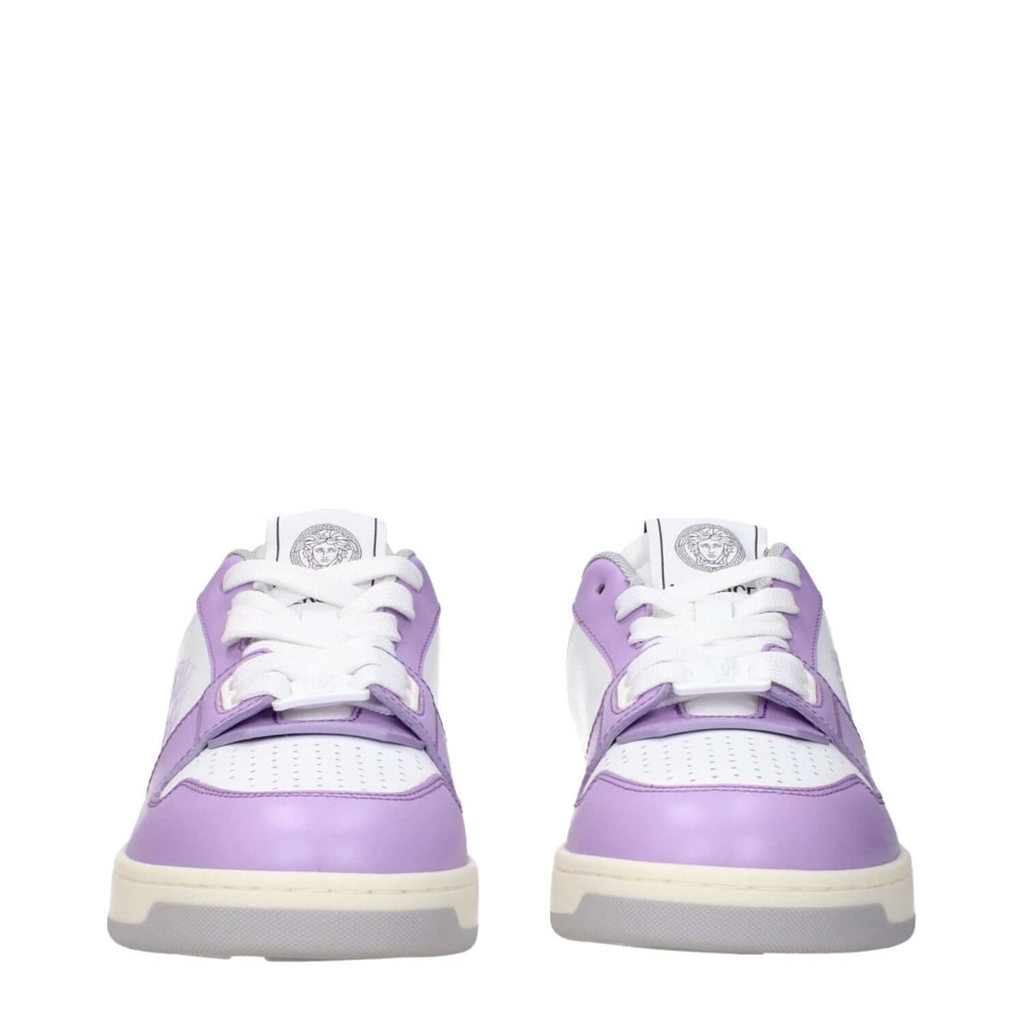 Versace White Leather Low Top Sneakers with lilac accents, rubber sole, lace-up closure, and front logo detailing, casual style.