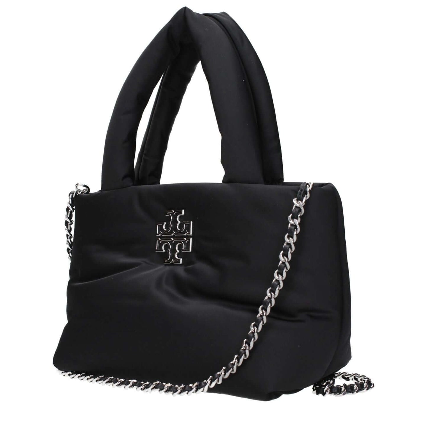 Tory Burch Black Fabric Handbag with front logo, adjustable shoulder strap, and removable shoulder chain, MPN 170317001, code F83547.