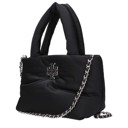 Tory Burch Black Fabric Handbag with front logo, adjustable shoulder strap, and removable shoulder chain, MPN 170317001, code F83547.