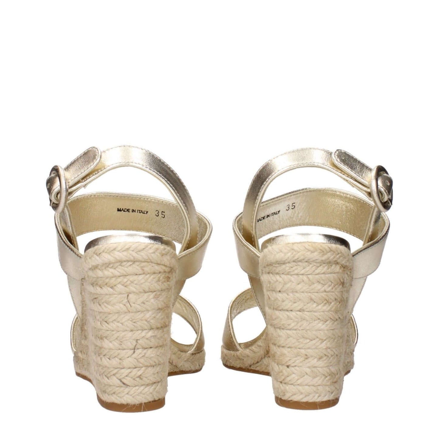 Prada Gold Leather Wedge Sandals with vintage effect and woven heels showcasing Italian craftsmanship.