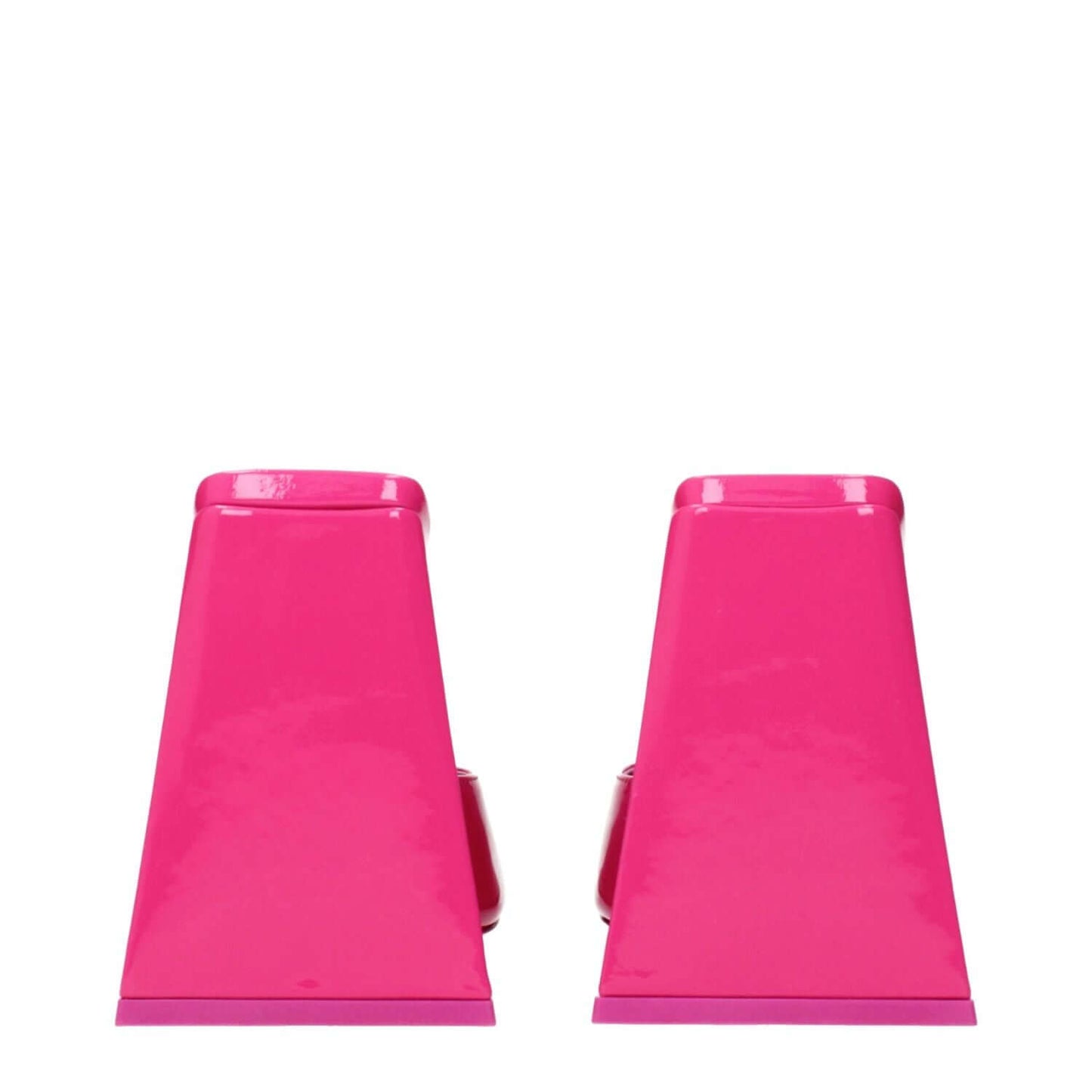 The Attico Pink Leather Platform Sandals in fuchsia patent leather, rear view emphasizing the bold wedge design.