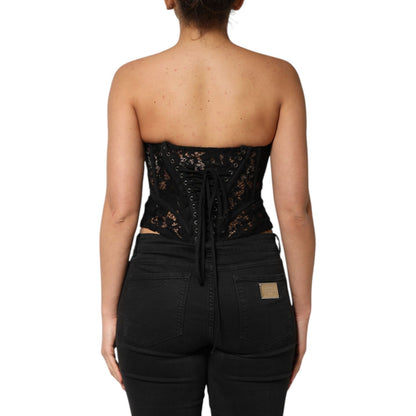 Dolce & Gabbana Black Strapless Floral Lace Bustier Cropped Top