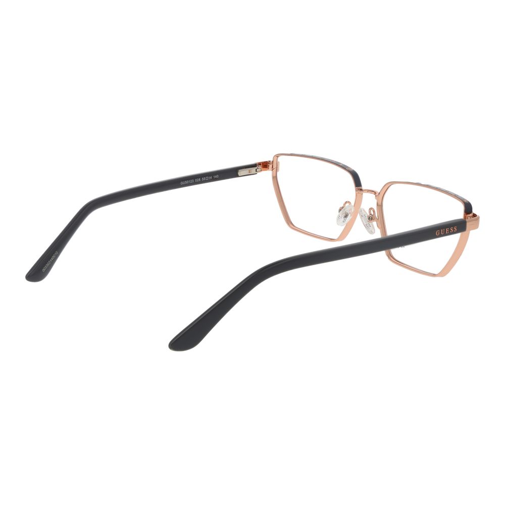Guess Rose Gold Women Glasses Frame, butterfly style, full-rim metal frame with demo lenses, elegant rose gold finish, includes branded case.