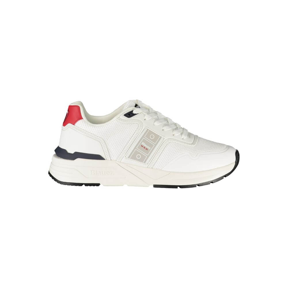 Blauer White Polyester Men Sneaker with red and black accents, showcasing sleek design and craftsmanship in side profile view.