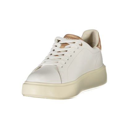 Blauer White Leather Women Sneaker with bronze accents, lace-up design, removable insole, perfect for casual chic and streetwear fashion.