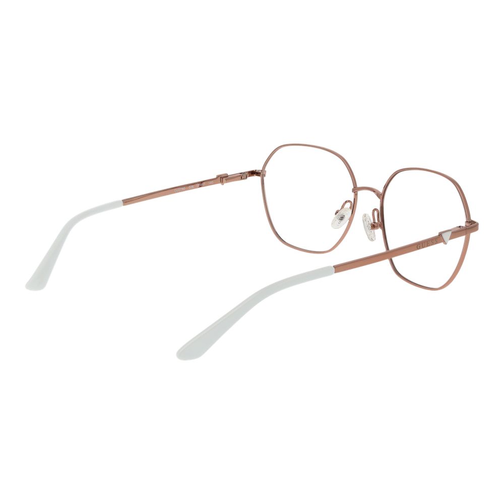 Guess Rose Gold Women Glasses Frame, metal square full-rim with demo lenses, features spring hinges, 57mm width, includes branded case.