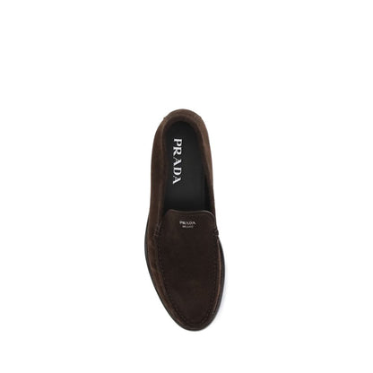 Prada Brown Calf Leather Bos Taurus Slip-On Loafers top view showing suede finish and logo.