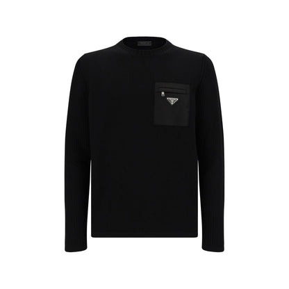Prada Black Fleece Wool Sweatshirt with triangular metal logo, ribbed neck, and zipper pocket, made in Italy, AW25 collection.