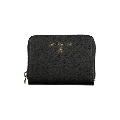 Patrizia Pepe Black Leather Wallet with logo, zip closure, two compartments, coin purse, and card spaces