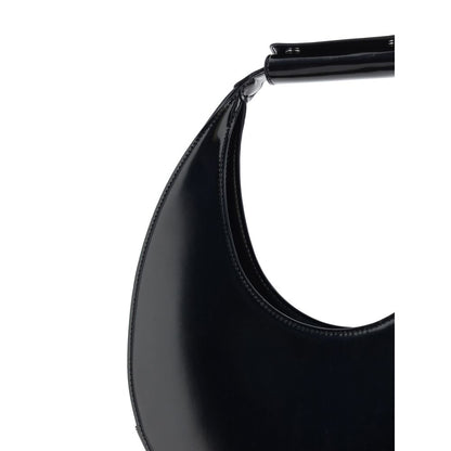 Close-up of a Staud Black Calf Leather Bos Taurus Shoulder Bag featuring a moon shape and rigid handle.