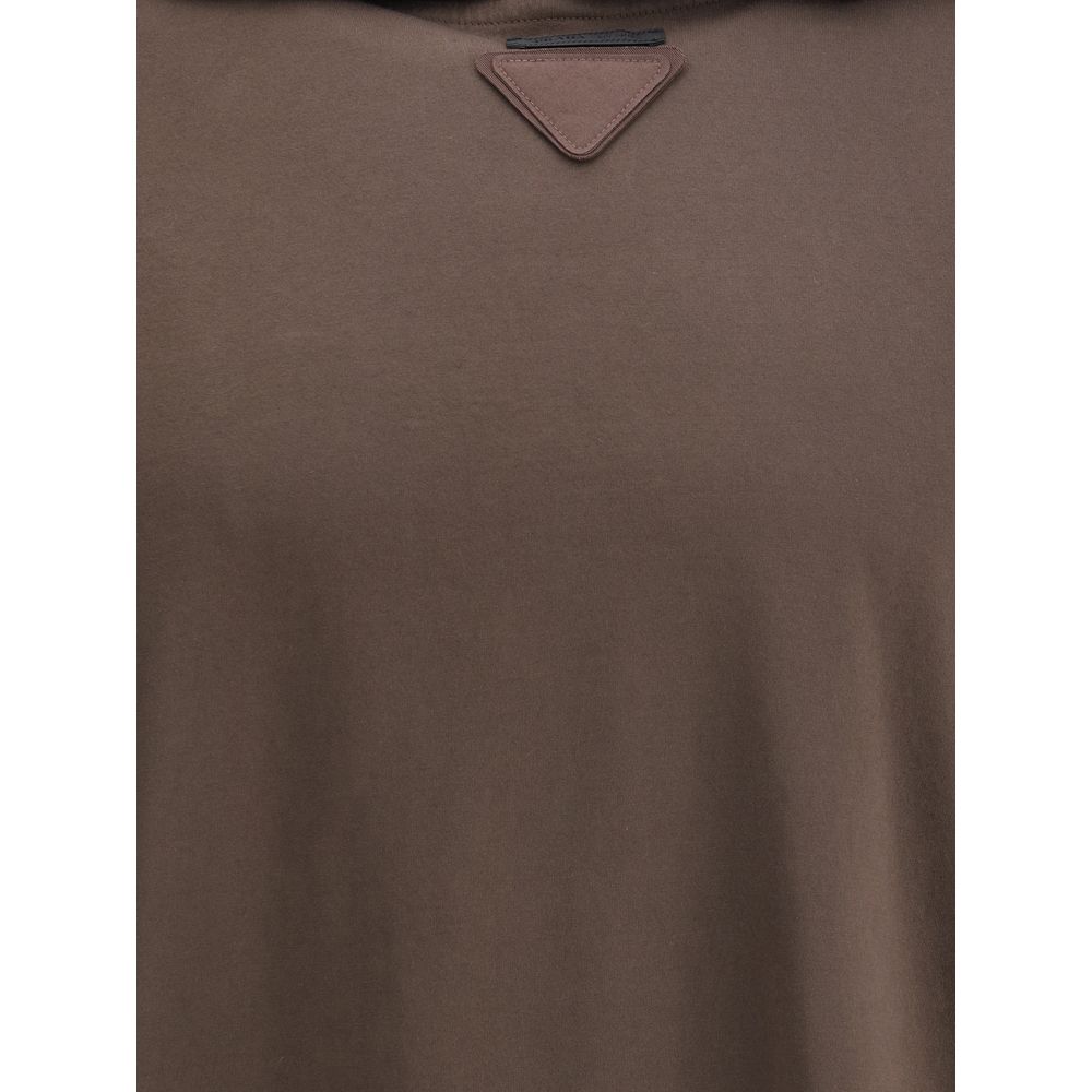 Prada Brown Cotton Sweatshirt with triangular logo patch, showcasing minimalist design and lightweight fabric.
