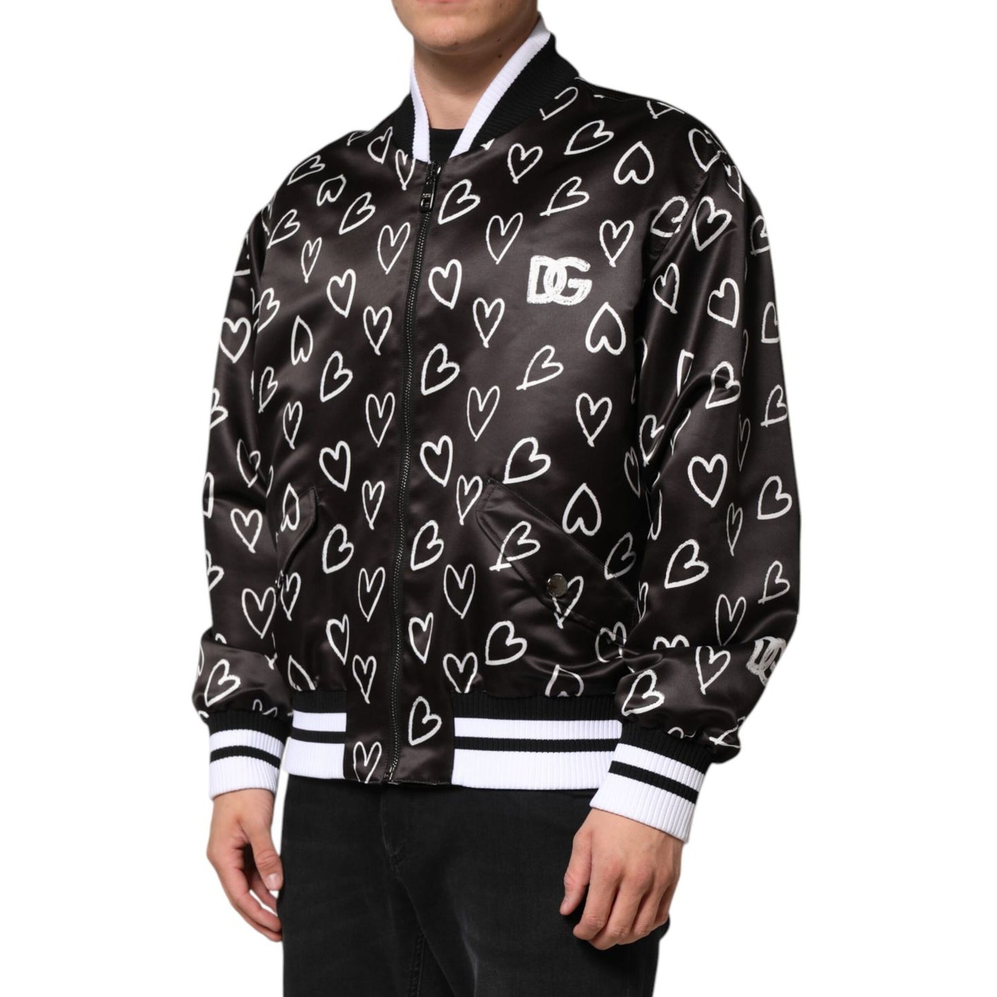 Dolce & Gabbana Black Polyester Heart Print Bomber Jacket