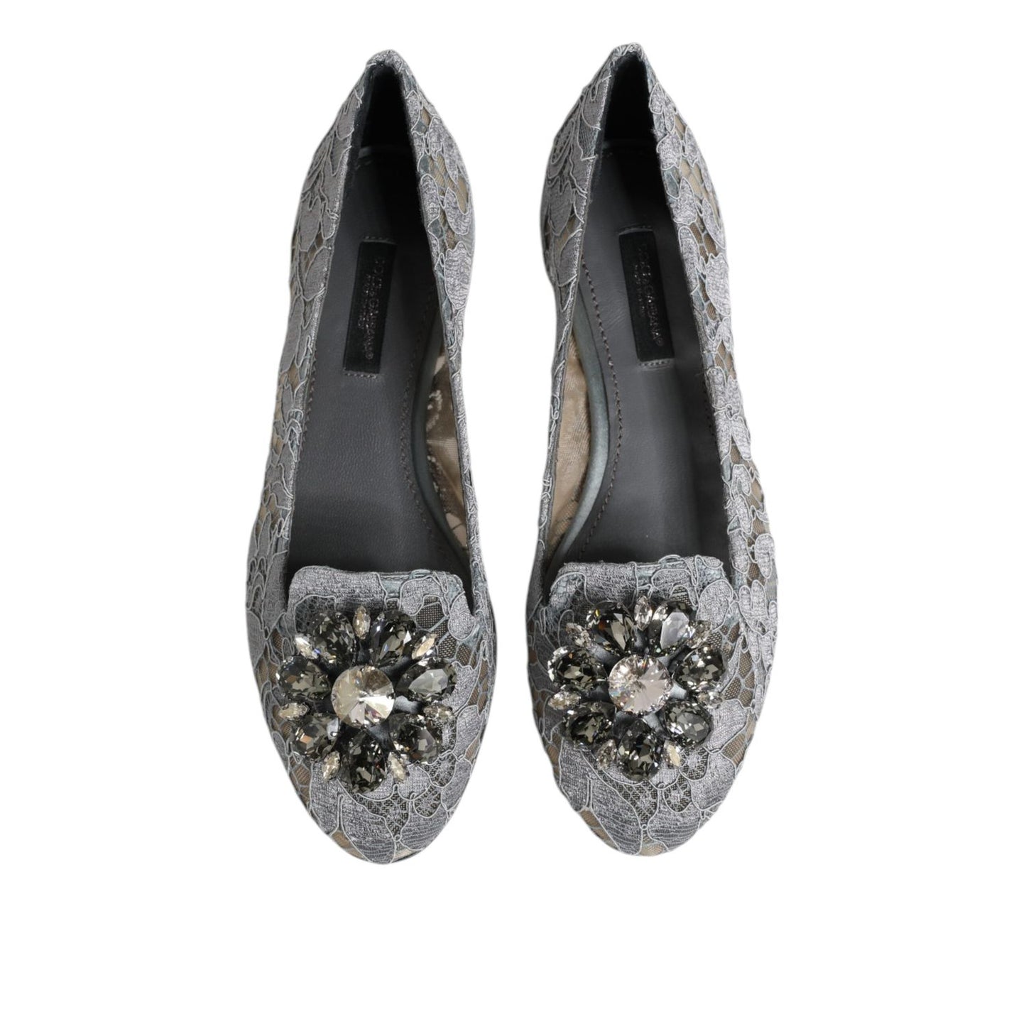 Dolce & Gabbana Gray Taormina Lace Crystals Flats Shoes