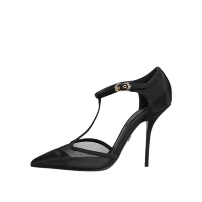 Dolce & Gabbana Black Mesh T-strap Stiletto High Heels Shoes