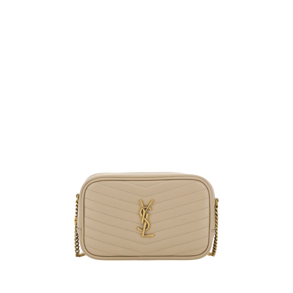 Saint Laurent Beige Calf Leather Bos Taurus Shoulder Bag with quilted design, YSL plaque, chain strap, and practical zipper closure.