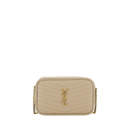 Saint Laurent Beige Calf Leather Bos Taurus Shoulder Bag with quilted design, YSL plaque, chain strap, and practical zipper closure.