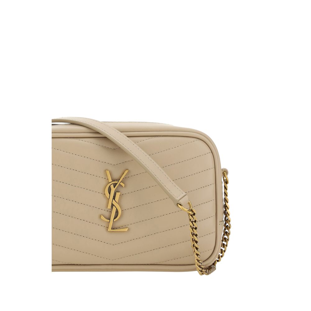 Saint Laurent Beige Calf Leather Bos Taurus Shoulder Bag with quilted design and gold chain strap.