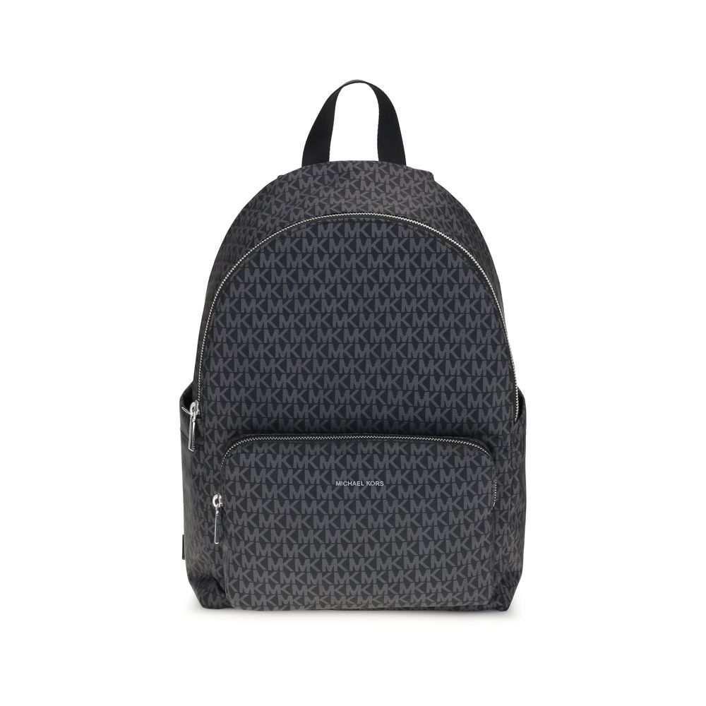 Michael Kors Black Polyester Backpack with logo print, featuring two pouch pockets and a zippered front clutch for style and organization.