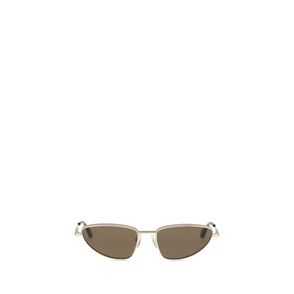 Alexander McQueen Gold Metal Sunglasses, cat-eye design, silver metal with mirrored lenses, featuring a T-shaped temple element.