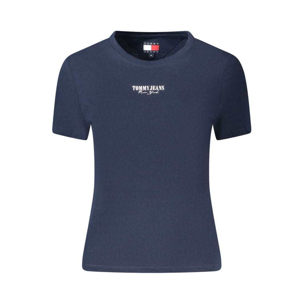 Tommy Hilfiger Blue Cotton Women T-Shirt with logo and short sleeves, sustainable fashion piece in navy blue.