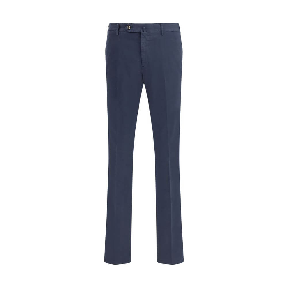 PT Torino Blue Cotton Casual Pants with front button, zipper closure, side and welt pockets. Regular fit, suitable for casual or formal.