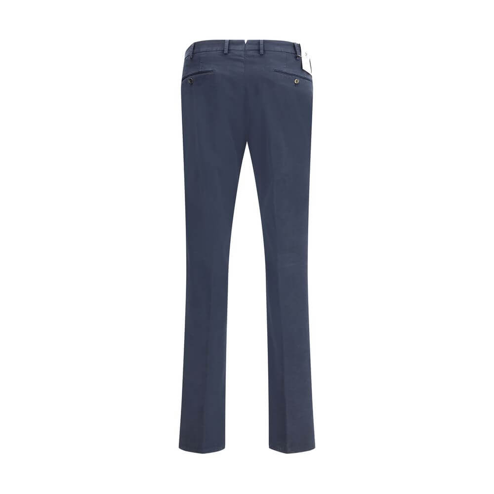 Back view of PT Torino Blue Cotton Casual Pants with welt pockets and belt loops, showcasing understated elegance in a regular fit.