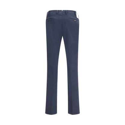 Back view of PT Torino Blue Cotton Casual Pants with welt pockets and belt loops, showcasing understated elegance in a regular fit.