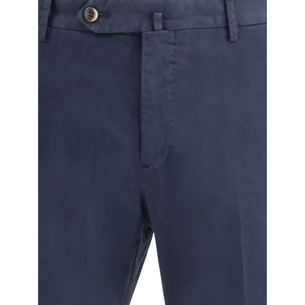 Close-up of PT Torino Blue Cotton Casual Pants showcasing front button and zipper with belt loops.