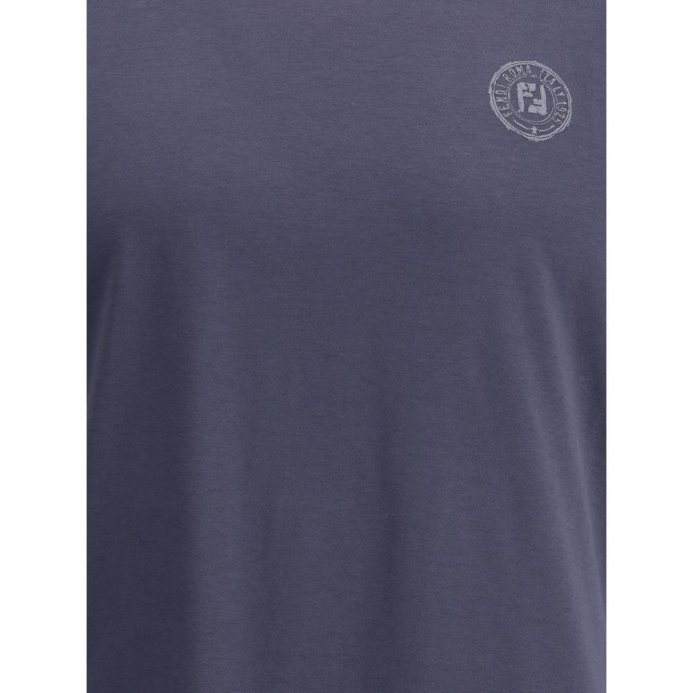 Fendi Blue Cotton T-Shirt with ribbed crew neck and logo print, 100% cotton, regular fit, made in Italy, AW25 season.