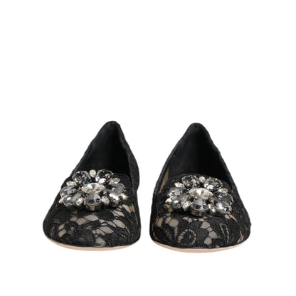 Dolce & Gabbana Black Taormina Lace Crystals Flats Shoes