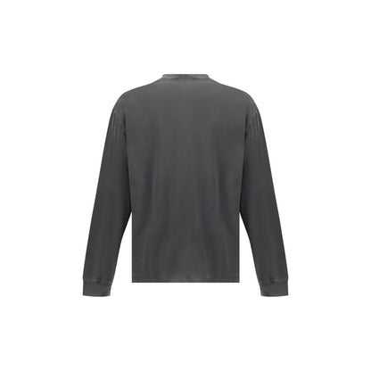 Back view of Agolde Gray Cotton Long Sleeve T-Shirt with elasticized cuffs, ribbed crew neck, soft jersey fabric, made in USA.