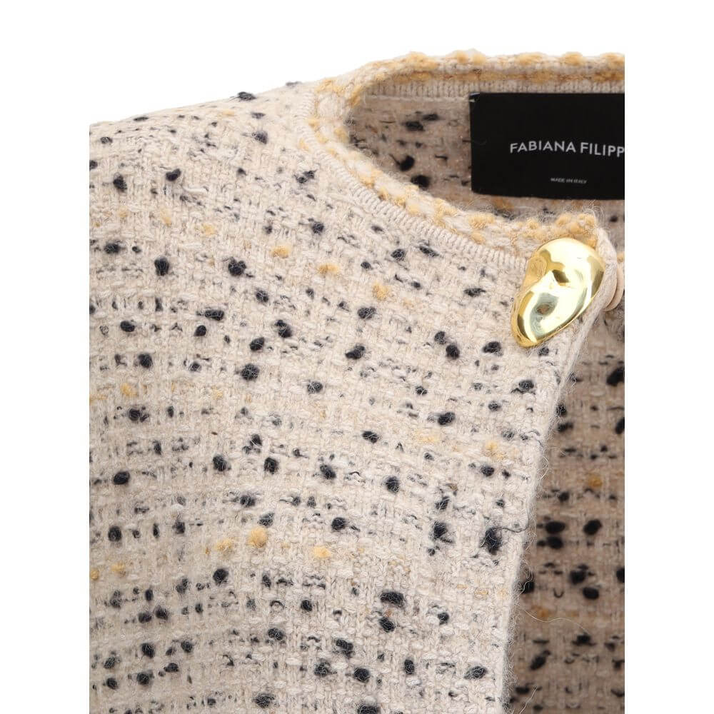Close-up of Fabiana Filippi Multicolor Fleece Wool Coat showing tweed pattern and golden button detail.