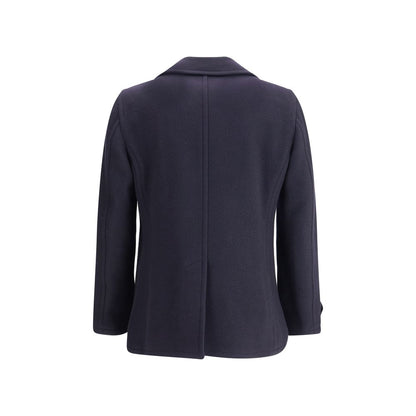 Back view of Tagliatore Blue Wool Coat featuring wide lapel and a stylish back slit.
