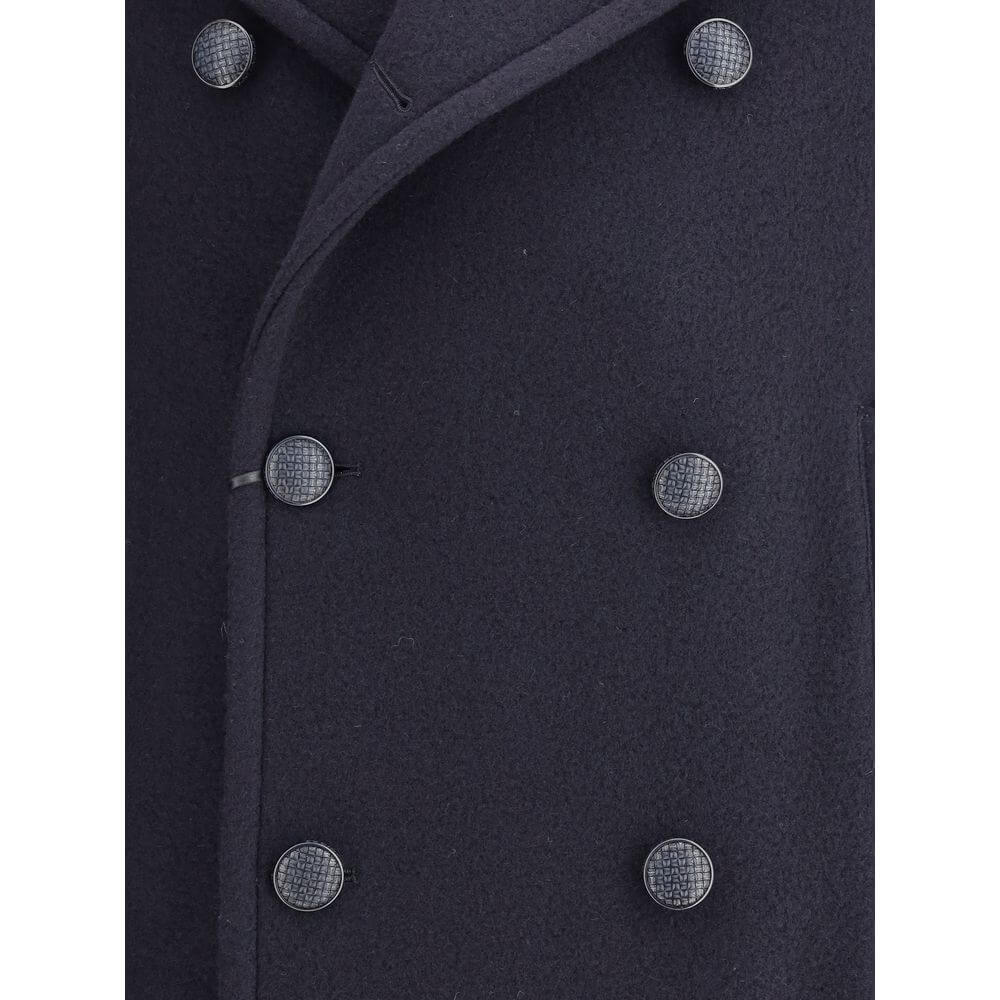 Close-up of Tagliatore Blue Wool Coat showing double-breasted button closure and elegant design details.