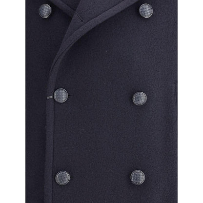 Close-up of Tagliatore Blue Wool Coat showing double-breasted button closure and elegant design details.