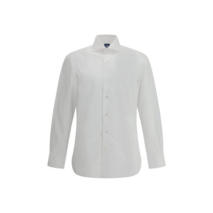Finamore White Cotton Dress Shirt with classic collar, front button closure, adjustable button cuffs, perfect for formal and casual looks.