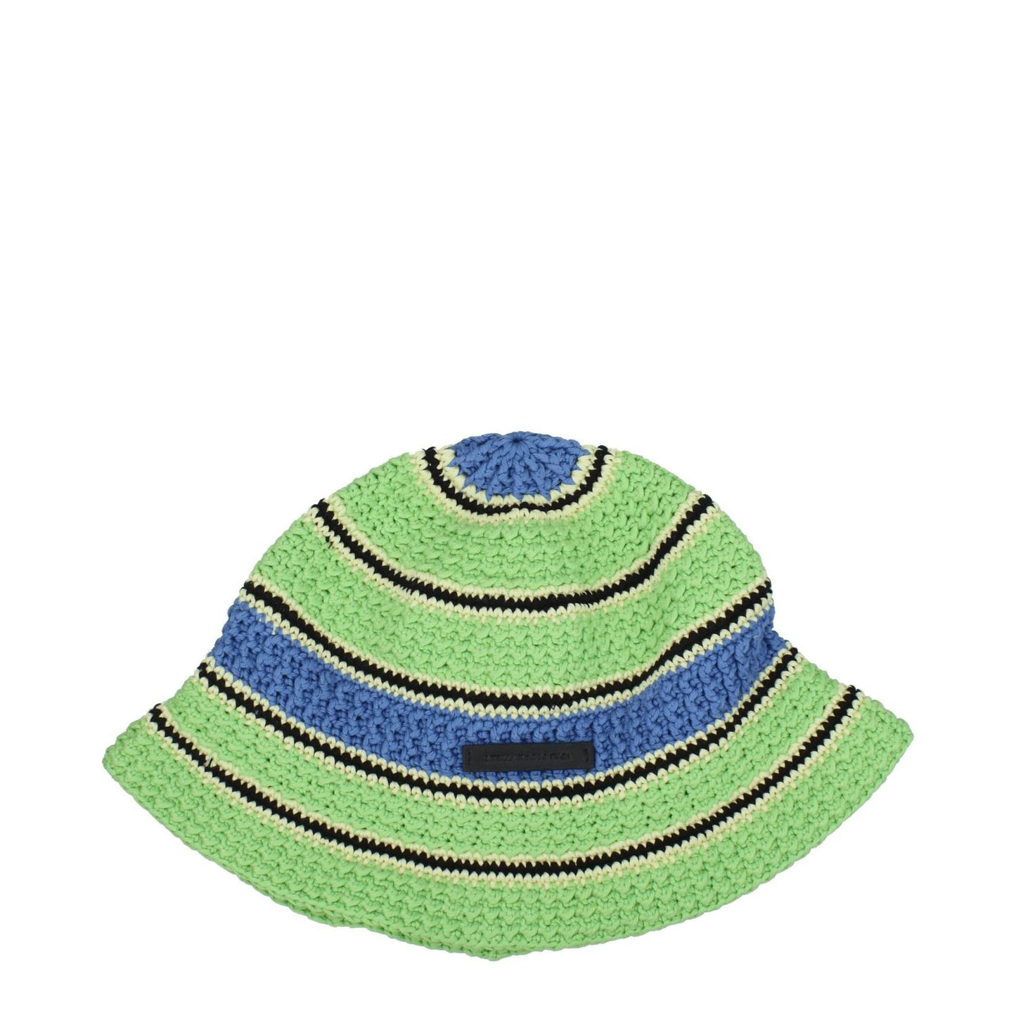 Stella McCartney Green Cotton Bucket Hat with front logo, vintage style, 100% cotton composition, featuring blue and green stripes.
