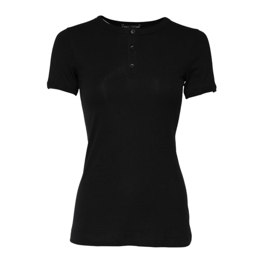 Dolce & Gabbana Black Cotton Henley Short Sleeves Top T-shirt