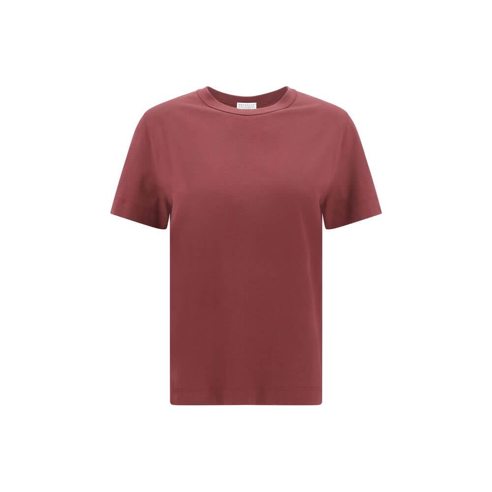 Brunello Cucinelli Bordeaux Cotton T-Shirt with ribbed crew neck and jewel detail on the back, offering a refined and versatile style.