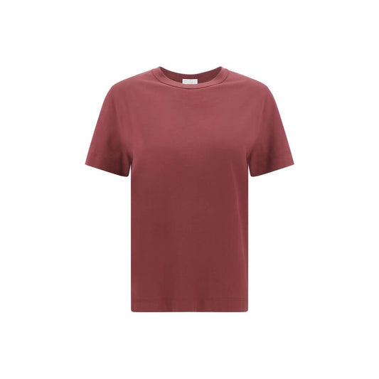 Brunello Cucinelli Bordeaux Cotton T-Shirt with ribbed crew neck and jewel detail on the back, offering a refined and versatile style.