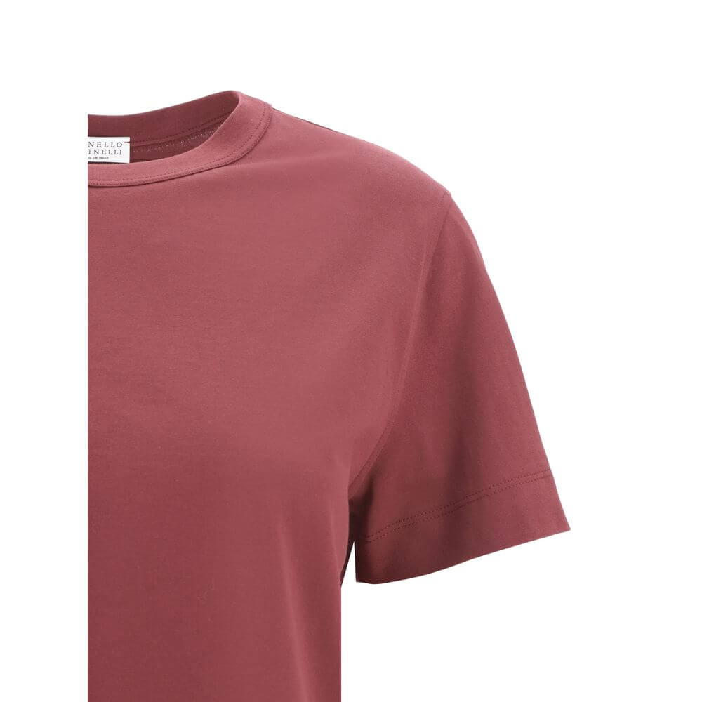 Brunello Cucinelli Bordeaux Cotton T-Shirt with ribbed crew neck and jewel detail, elegant monochrome design for versatile wear