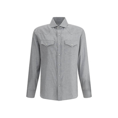 Brunello Cucinelli Gray Cotton Pattern Shirt with classic collar and front snap-button closure, featuring two flap pockets.