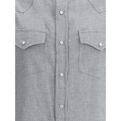 Close-up of Brunello Cucinelli Gray Cotton Pattern Shirt with snap-button closure and flap pockets.